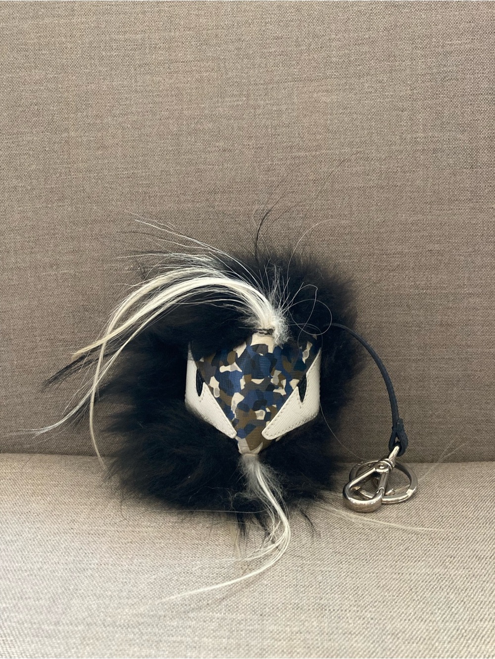 Fendi Black Fur Pom-Pom Key Holder with Blue and Brown Camouflage Accent